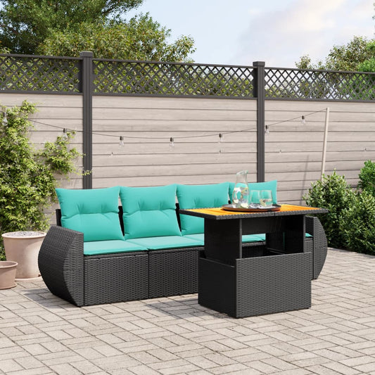 5-tlg. Garten-Sofagarnitur mit Kissen Schwarz Poly Rattan