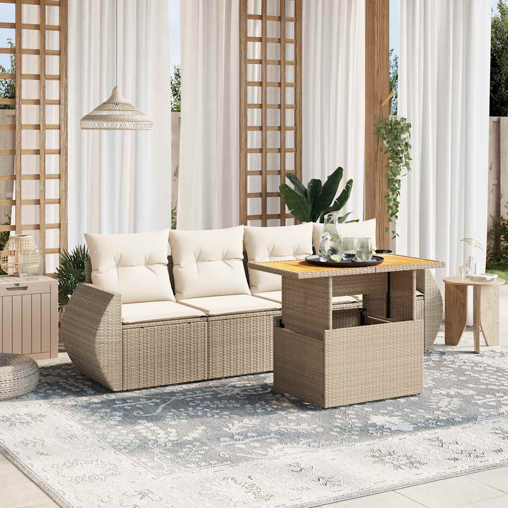 5-tlg. Garten-Sofagarnitur mit Kissen Beige Poly Rattan