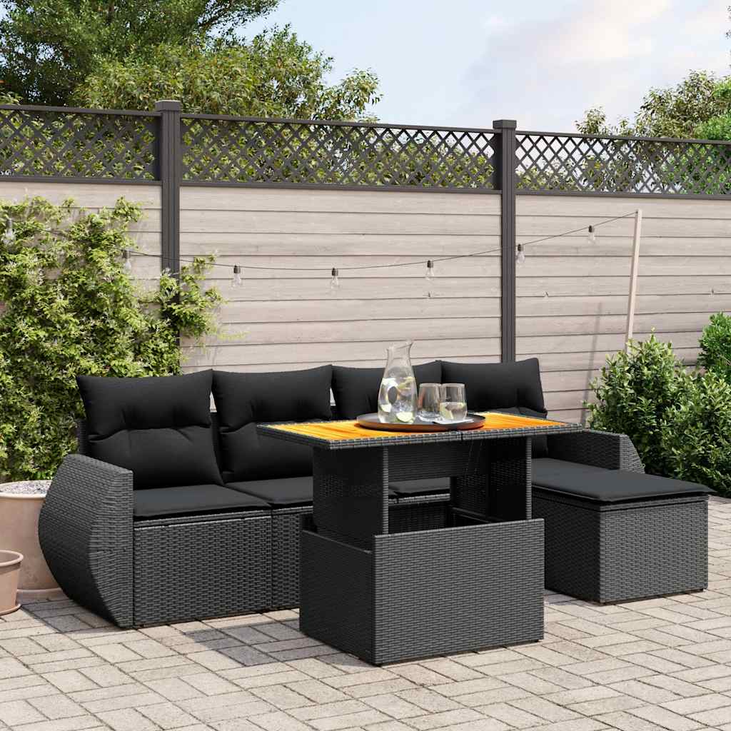 6-tlg. Garten-Sofagarnitur mit Kissen Schwarz Poly Rattan