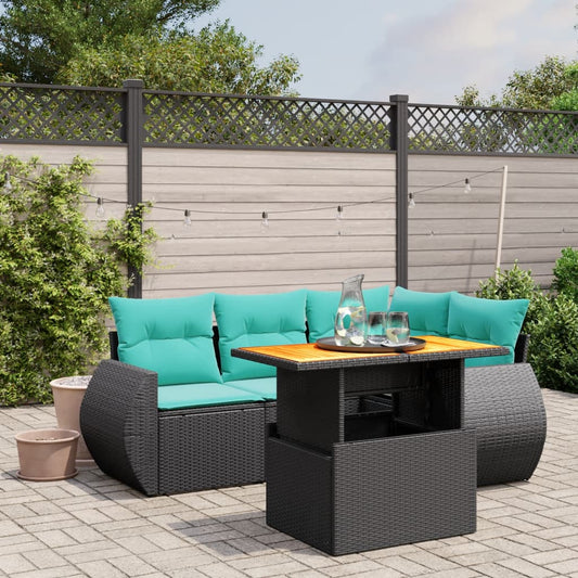 5-tlg. Garten-Sofagarnitur mit Kissen Schwarz Poly Rattan