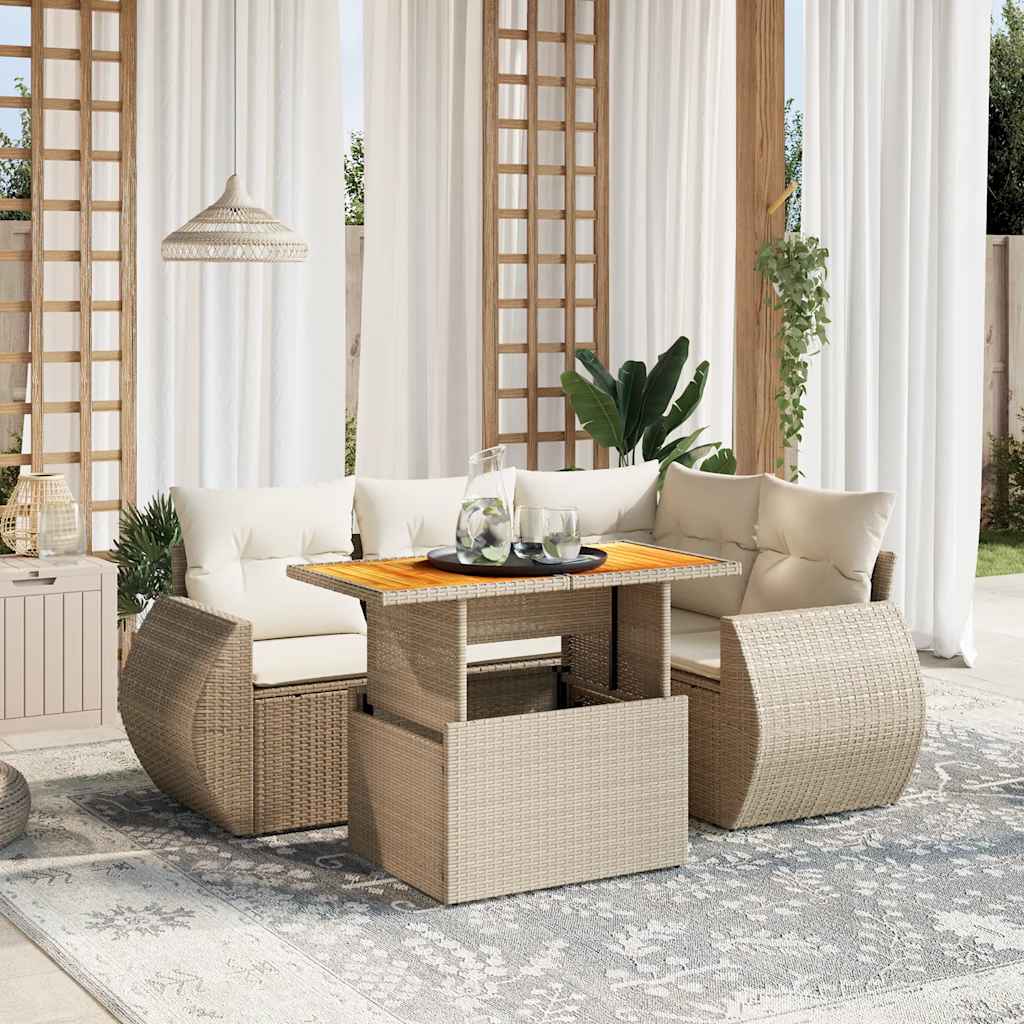 5-tlg. Garten-Sofagarnitur mit Kissen Beige Poly Rattan