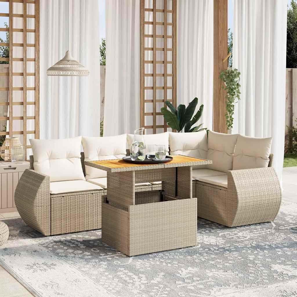 6-tlg. Garten-Sofagarnitur mit Kissen Beige Poly Rattan