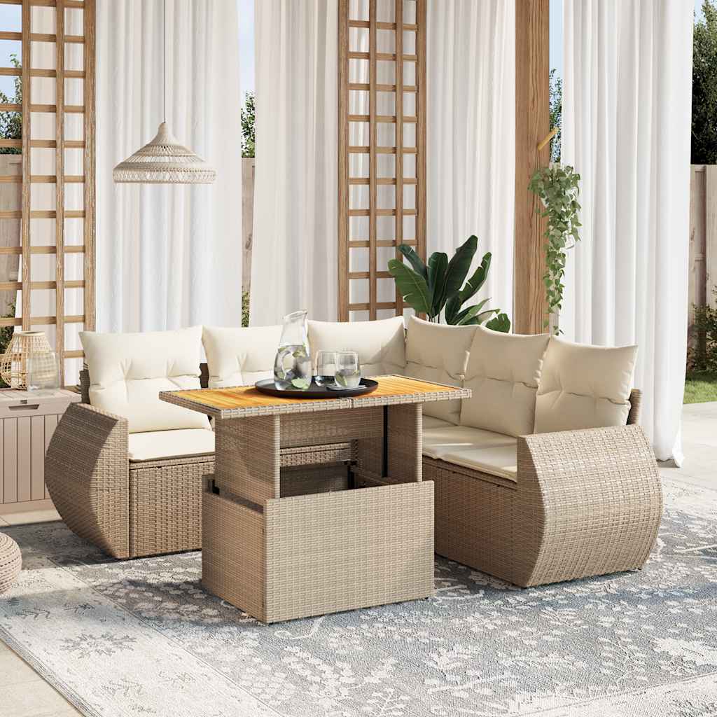6-tlg. Garten-Sofagarnitur mit Kissen Beige Poly Rattan