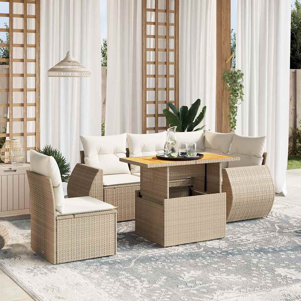6-tlg. Garten-Sofagarnitur mit Kissen Beige Poly Rattan