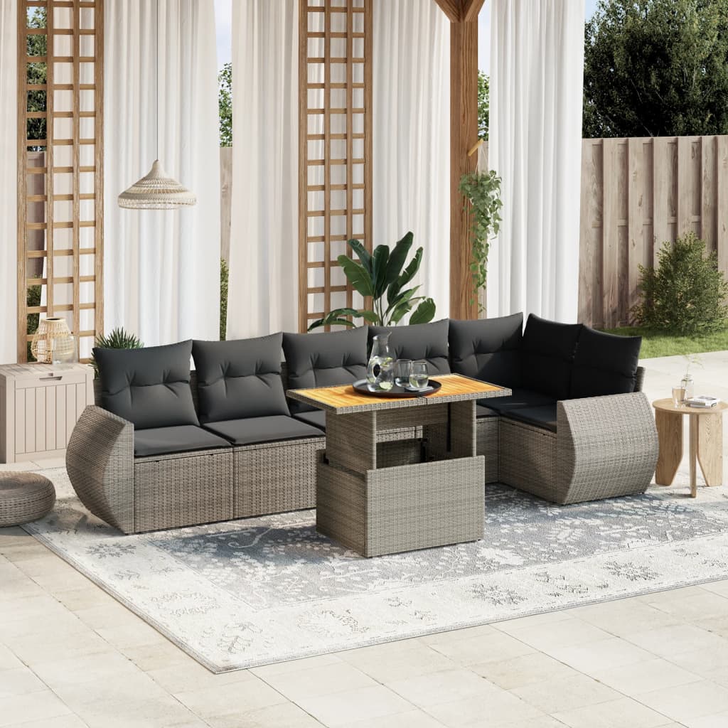 7-tlg. Garten-Sofagarnitur mit Kissen Grau Poly Rattan