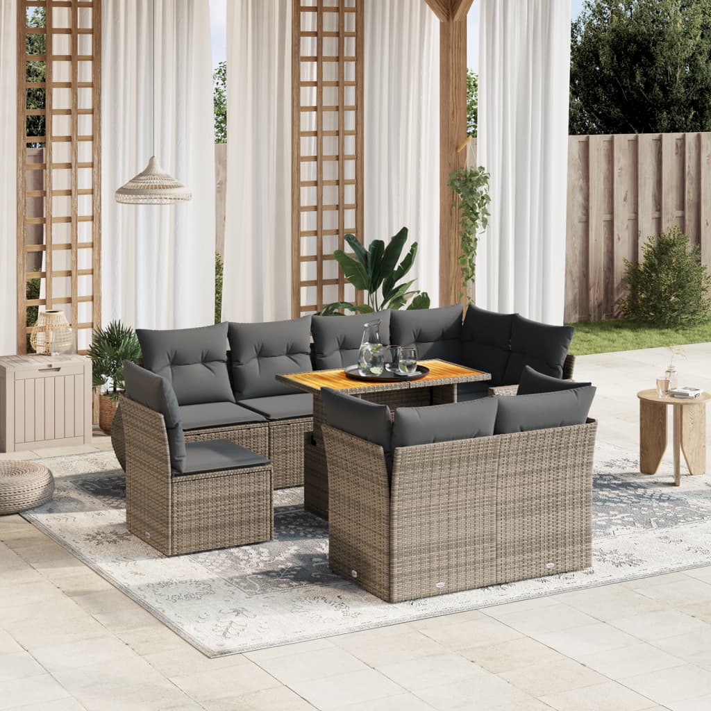 9-tlg. Garten-Sofagarnitur mit Kissen Grau Poly Rattan