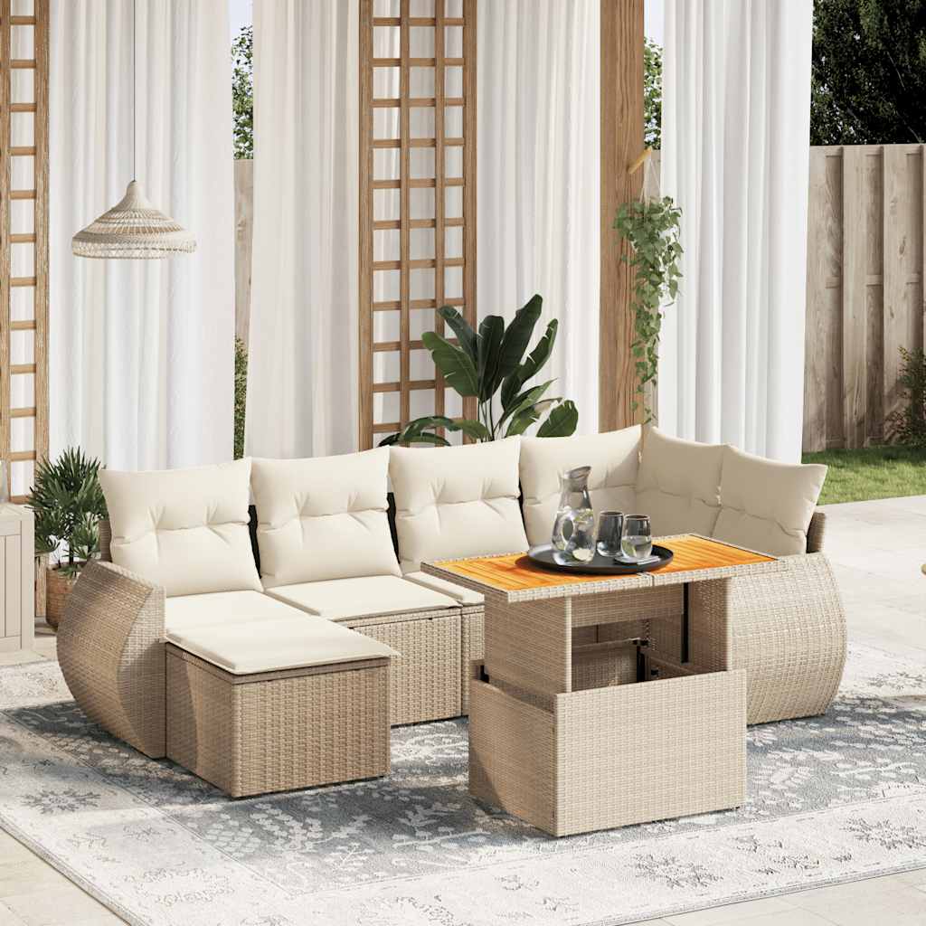 7-tlg. Garten-Sofagarnitur mit Kissen Beige Poly Rattan