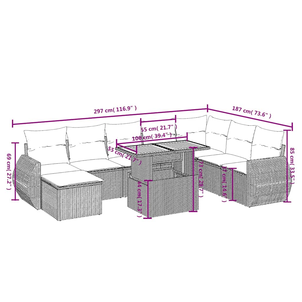 9-tlg. Garten-Sofagarnitur mit Kissen Schwarz Poly Rattan