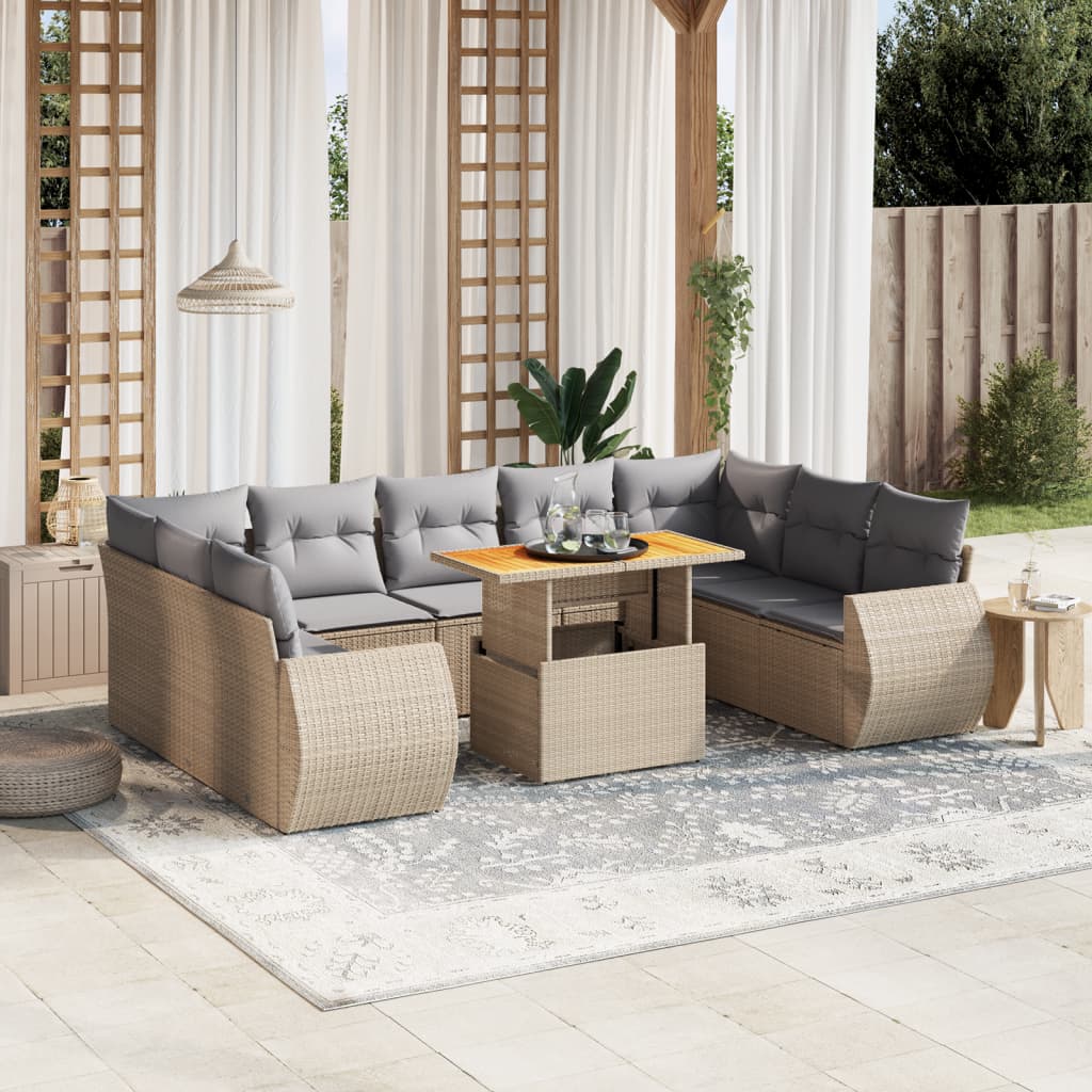 10-tlg. Garten-Sofagarnitur mit Kissen Beige Poly Rattan