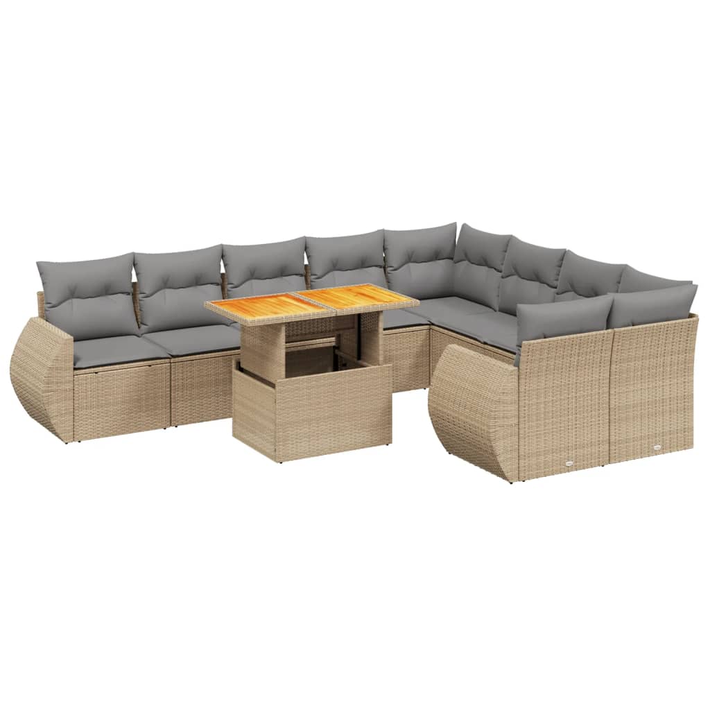 10-tlg. Garten-Sofagarnitur mit Kissen Beige Poly Rattan