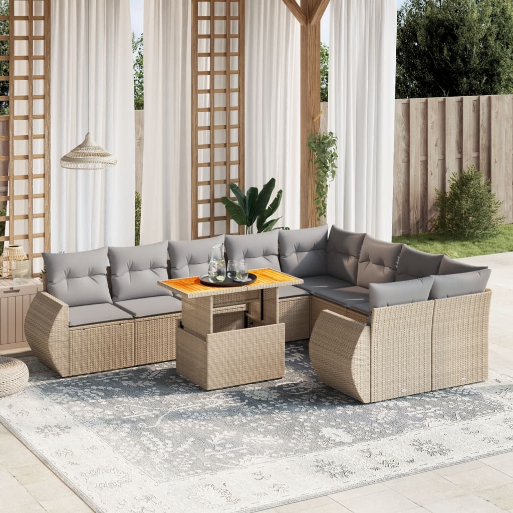 10-tlg. Garten-Sofagarnitur mit Kissen Beige Poly Rattan