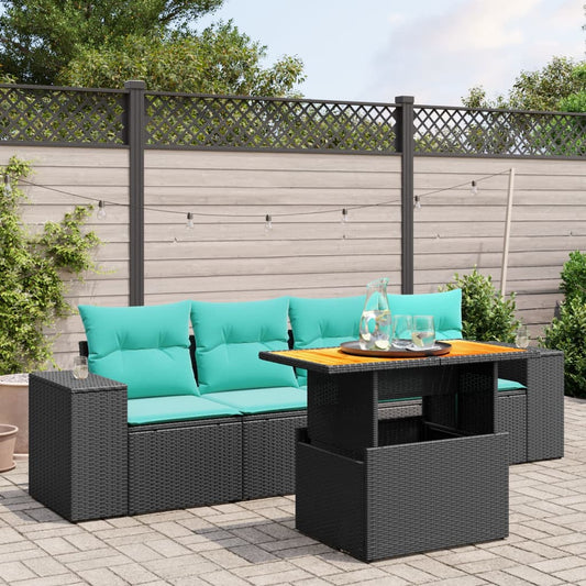 5-tlg. Garten-Sofagarnitur mit Kissen Schwarz Poly Rattan