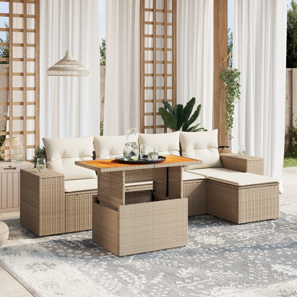 6-tlg. Garten-Sofagarnitur mit Kissen Beige Poly Rattan