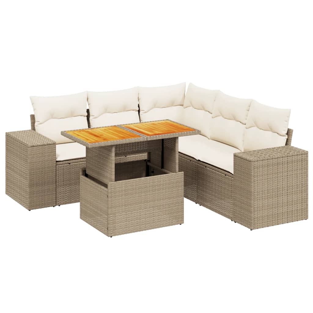 6-tlg. Garten-Sofagarnitur mit Kissen Beige Poly Rattan