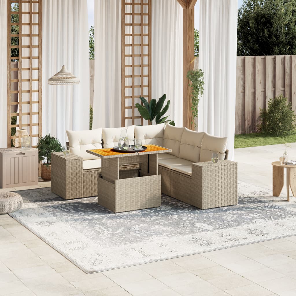6-tlg. Garten-Sofagarnitur mit Kissen Beige Poly Rattan
