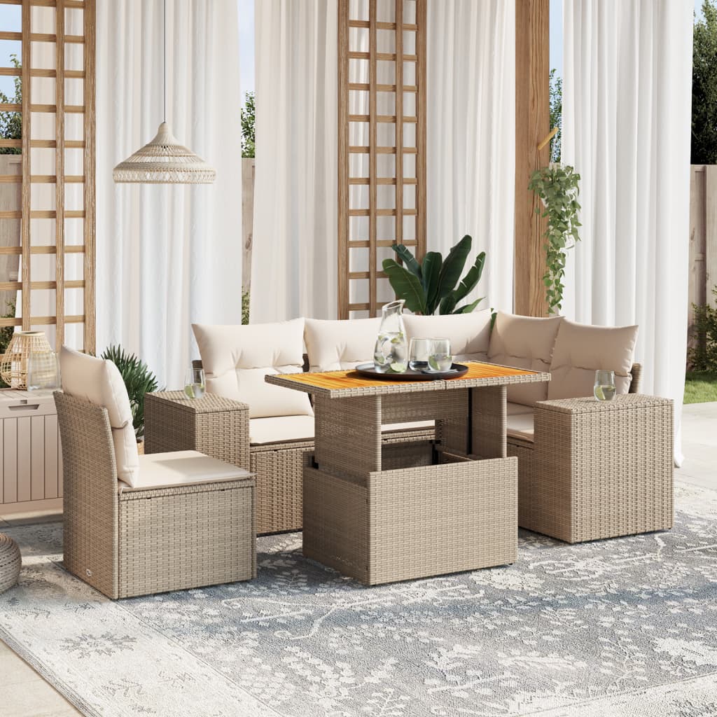 6-tlg. Garten-Sofagarnitur mit Kissen Beige Poly Rattan