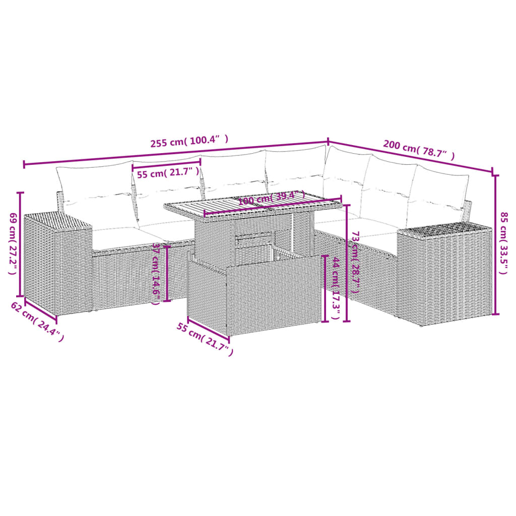 7-tlg. Garten-Sofagarnitur mit Kissen Schwarz Poly Rattan