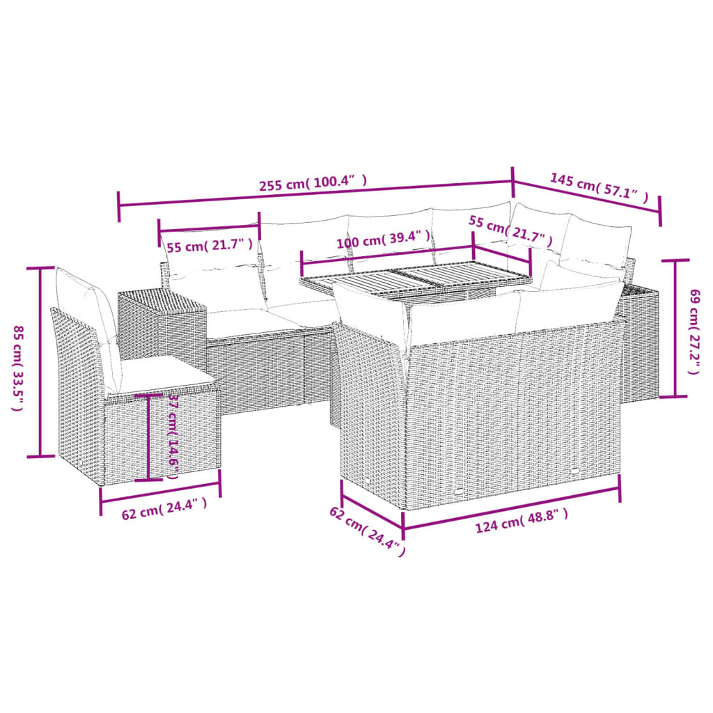 9-tlg. Garten-Sofagarnitur mit Kissen Grau Poly Rattan