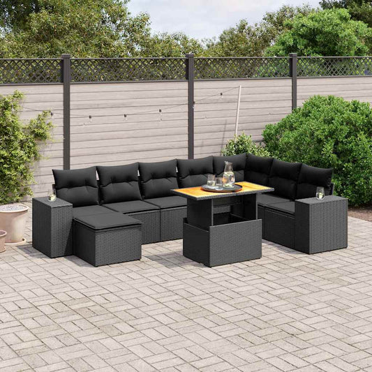 9-tlg. Garten-Sofagarnitur mit Kissen Schwarz Poly Rattan