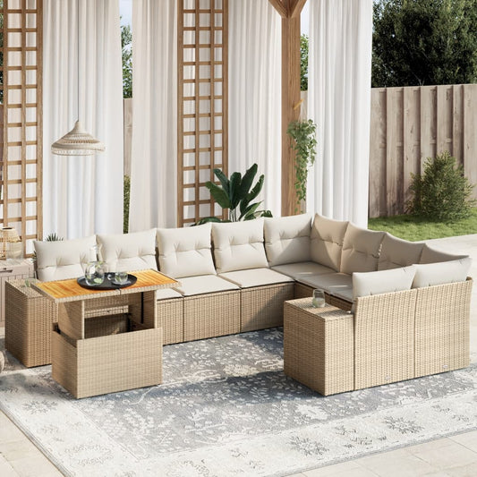 10-tlg. Garten-Sofagarnitur mit Kissen Beige Poly Rattan