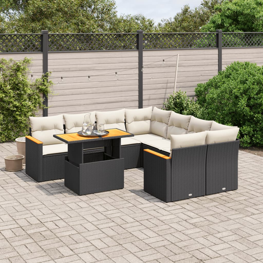 9-tlg. Garten-Sofagarnitur mit Kissen Schwarz Poly Rattan