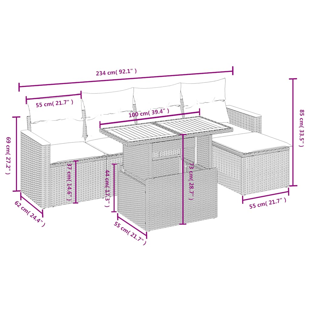 6-tlg. Garten-Sofagarnitur mit Kissen Schwarz Poly Rattan