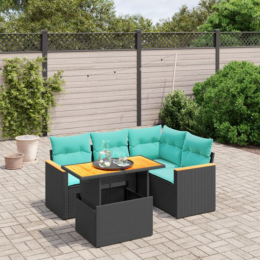 5-tlg. Garten-Sofagarnitur mit Kissen Schwarz Poly Rattan