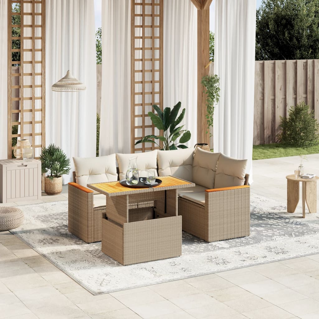 5-tlg. Garten-Sofagarnitur mit Kissen Beige Poly Rattan
