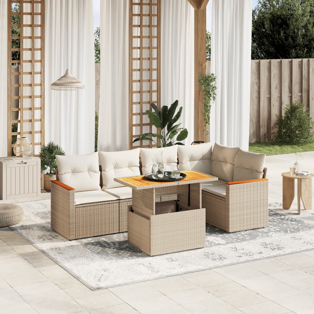 6-tlg. Garten-Sofagarnitur mit Kissen Beige Poly Rattan