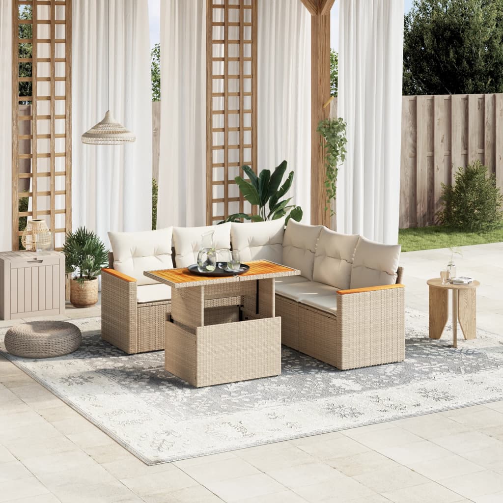 6-tlg. Garten-Sofagarnitur mit Kissen Beige Poly Rattan
