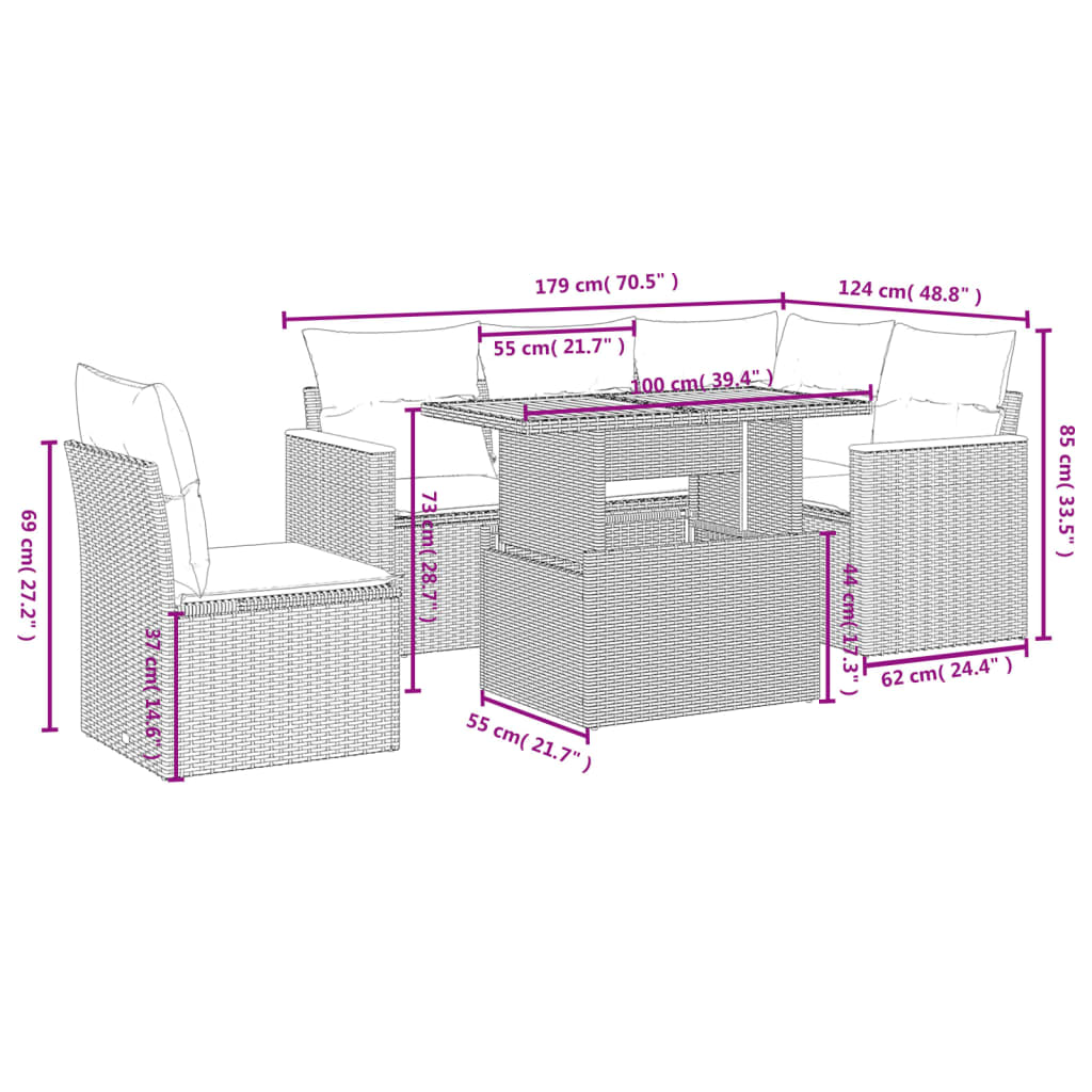 6-tlg. Garten-Sofagarnitur mit Kissen Schwarz Poly Rattan