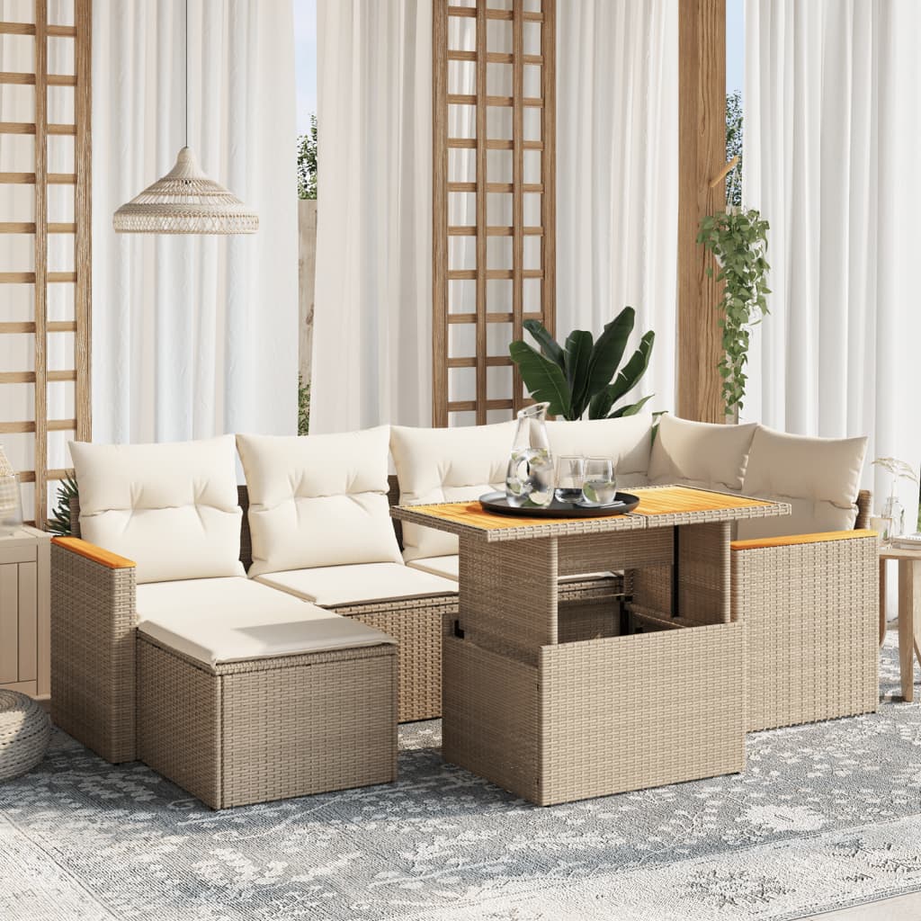 7-tlg. Garten-Sofagarnitur mit Kissen Beige Poly Rattan