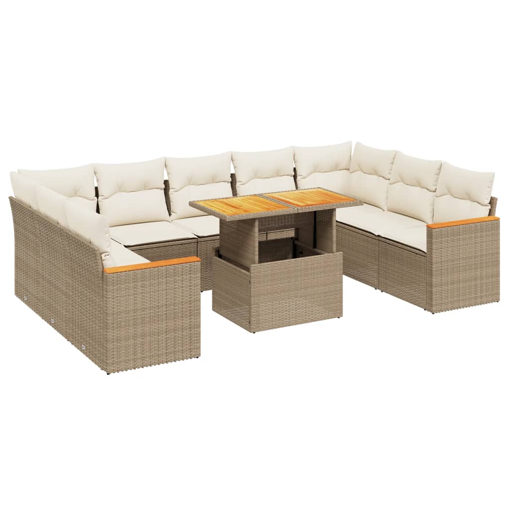 10-tlg. Garten-Sofagarnitur mit Kissen Beige Poly Rattan