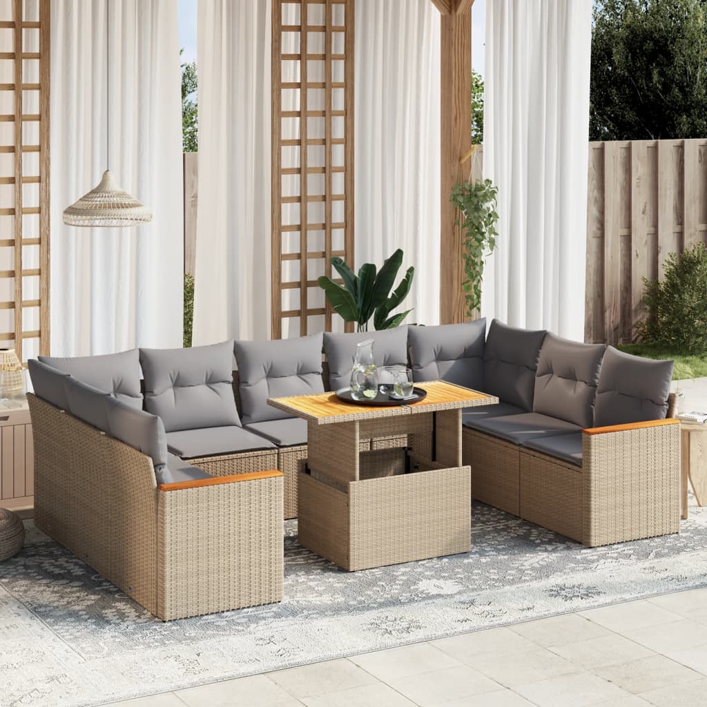 10-tlg. Garten-Sofagarnitur mit Kissen Beige Poly Rattan