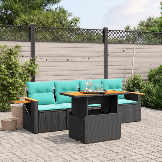 5-tlg. Garten-Sofagarnitur mit Kissen Schwarz Poly Rattan