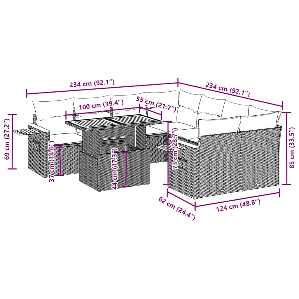 9-tlg. Garten-Sofagarnitur mit Kissen Schwarz Poly Rattan