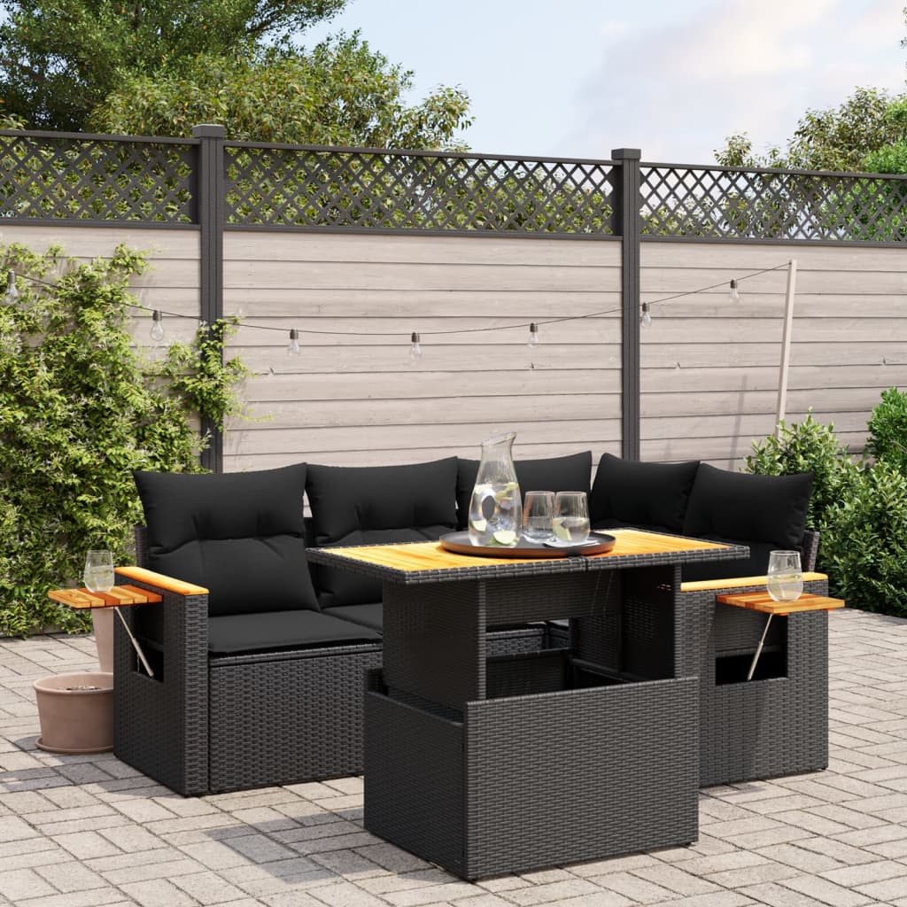 5-tlg. Garten-Sofagarnitur mit Kissen Schwarz Poly Rattan