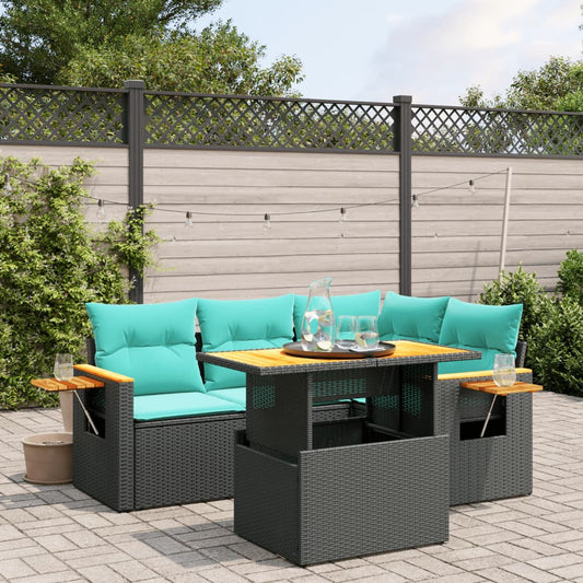 5-tlg. Garten-Sofagarnitur mit Kissen Schwarz Poly Rattan