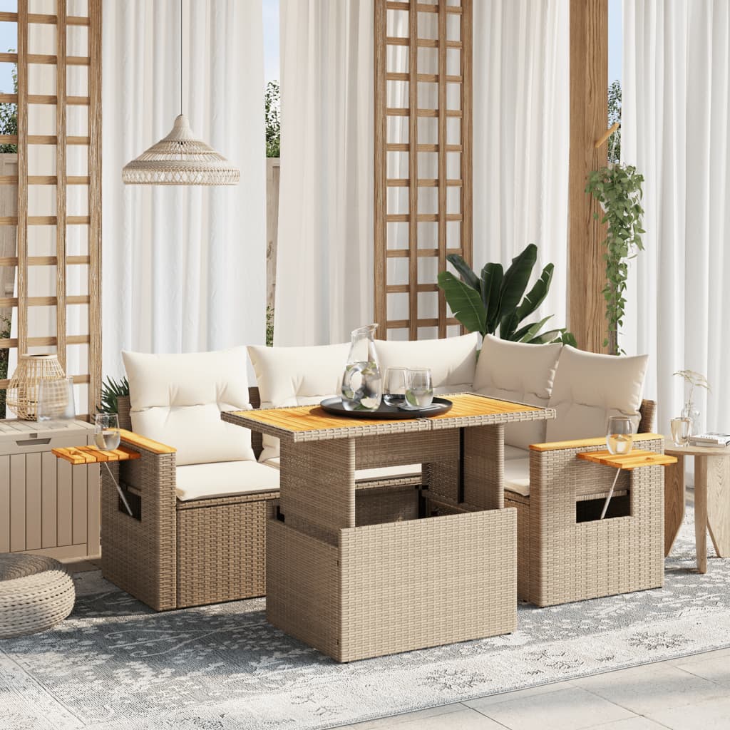 5-tlg. Garten-Sofagarnitur mit Kissen Beige Poly Rattan
