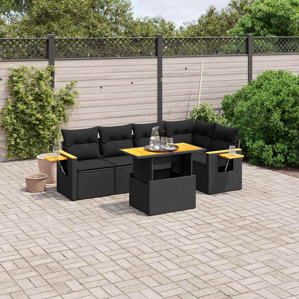 6-tlg. Garten-Sofagarnitur mit Kissen Schwarz Poly Rattan