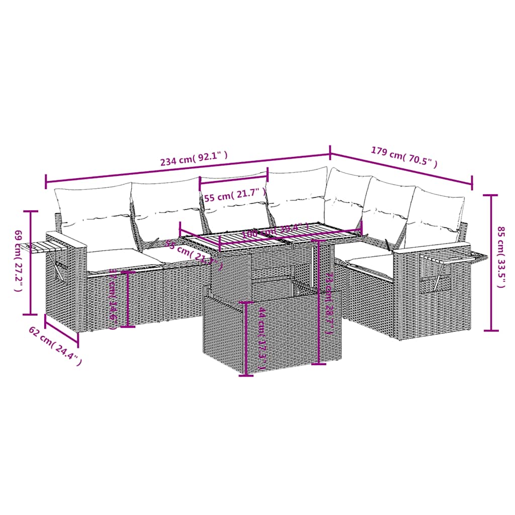 7-tlg. Garten-Sofagarnitur mit Kissen Schwarz Poly Rattan