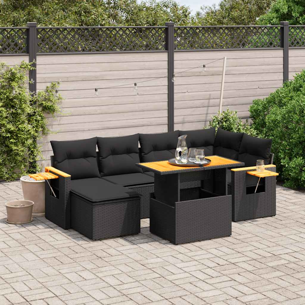 7-tlg. Garten-Sofagarnitur mit Kissen Schwarz Poly Rattan