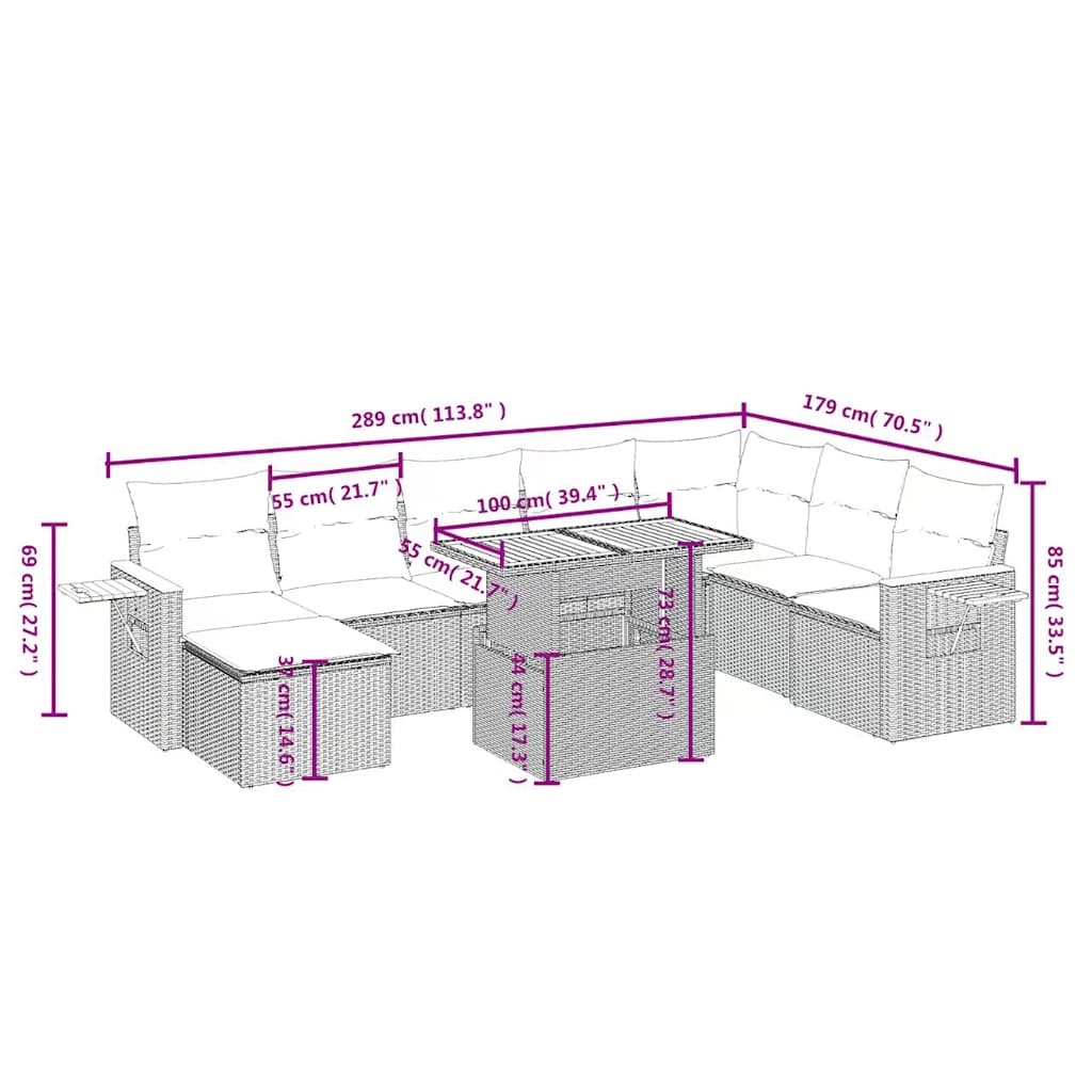 9-tlg. Garten-Sofagarnitur mit Kissen Schwarz Poly Rattan