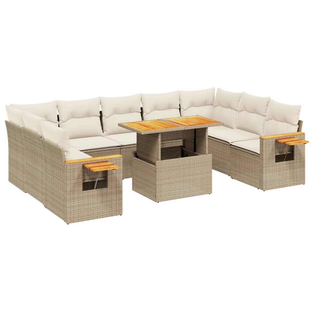 10-tlg. Garten-Sofagarnitur mit Kissen Beige Poly Rattan