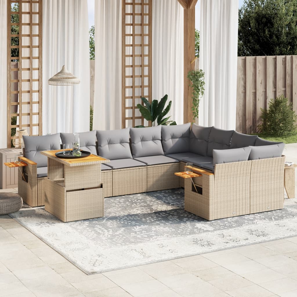 10-tlg. Garten-Sofagarnitur mit Kissen Beige Poly Rattan