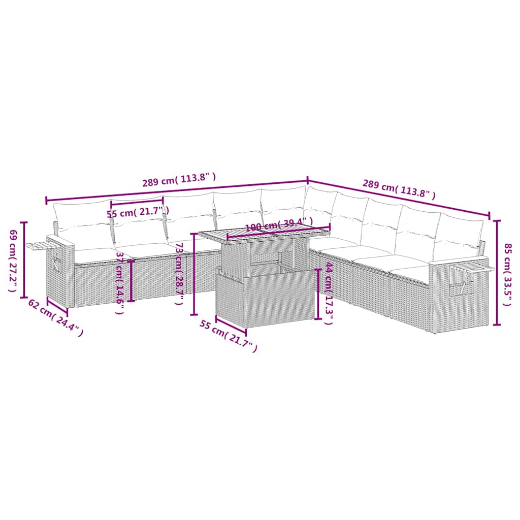 11-tlg. Garten-Sofagarnitur mit Kissen Schwarz Poly Rattan