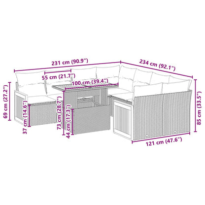 9-tlg. Garten-Sofagarnitur mit Kissen Schwarz Poly Rattan