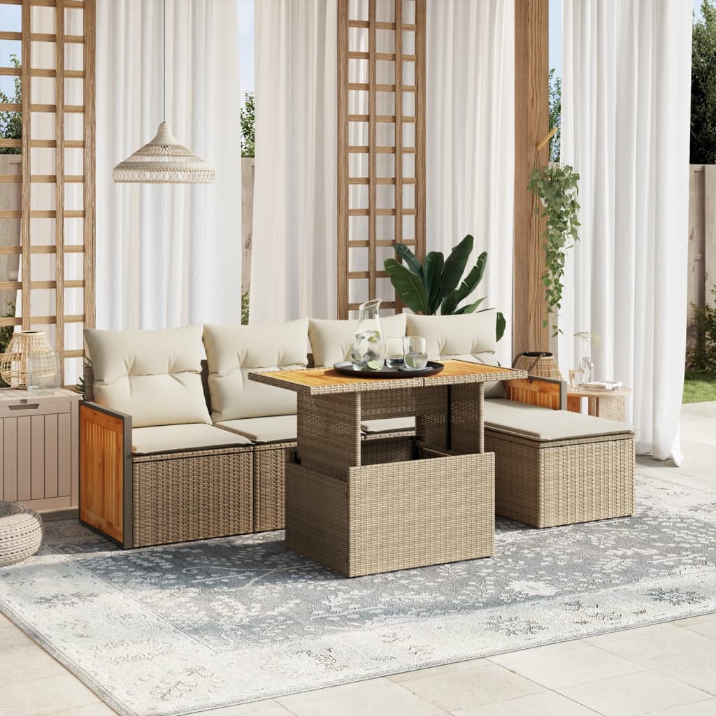 6-tlg. Garten-Sofagarnitur mit Kissen Beige Poly Rattan