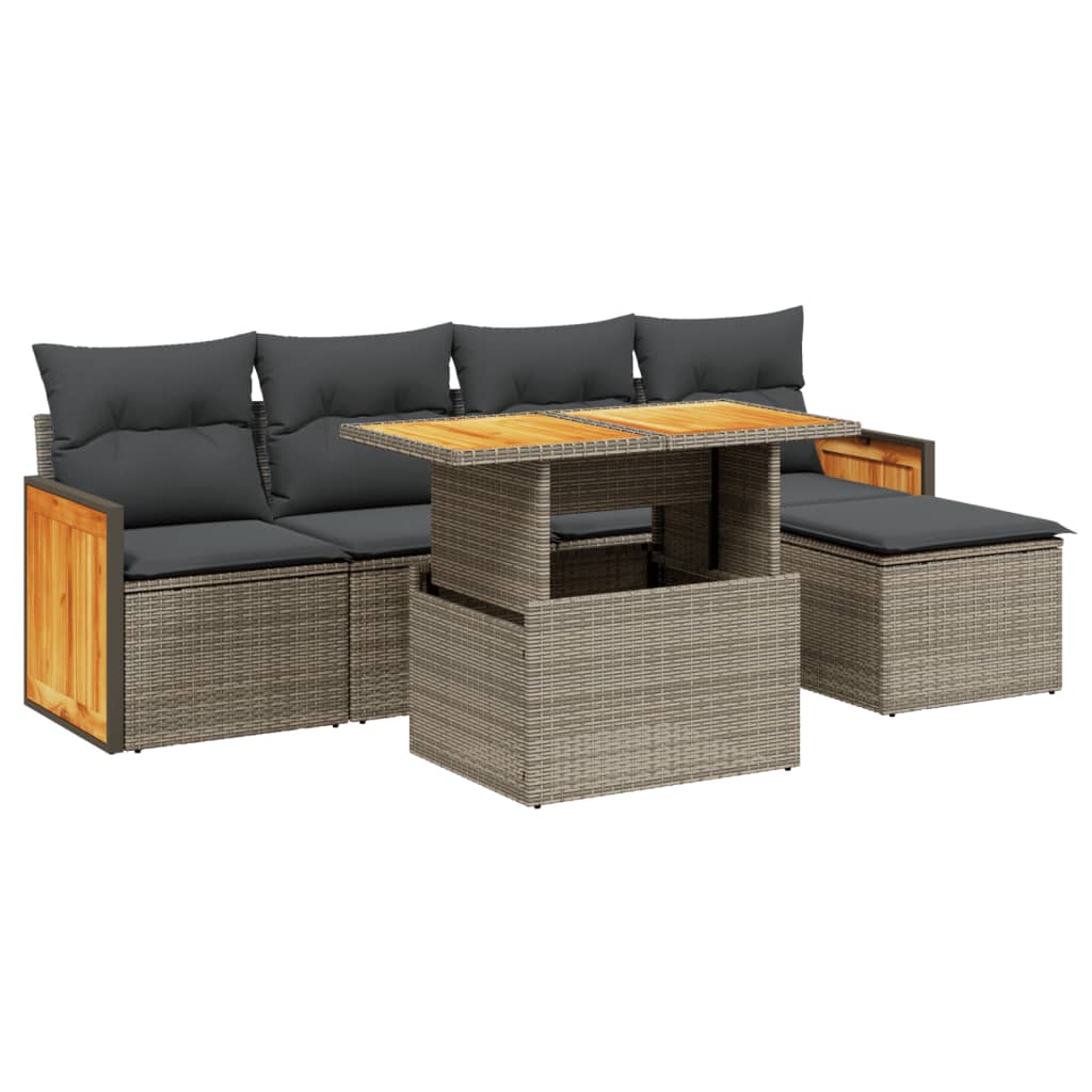 6-tlg. Garten-Sofagarnitur mit Kissen Grau Poly Rattan