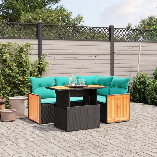 5-tlg. Garten-Sofagarnitur mit Kissen Schwarz Poly Rattan